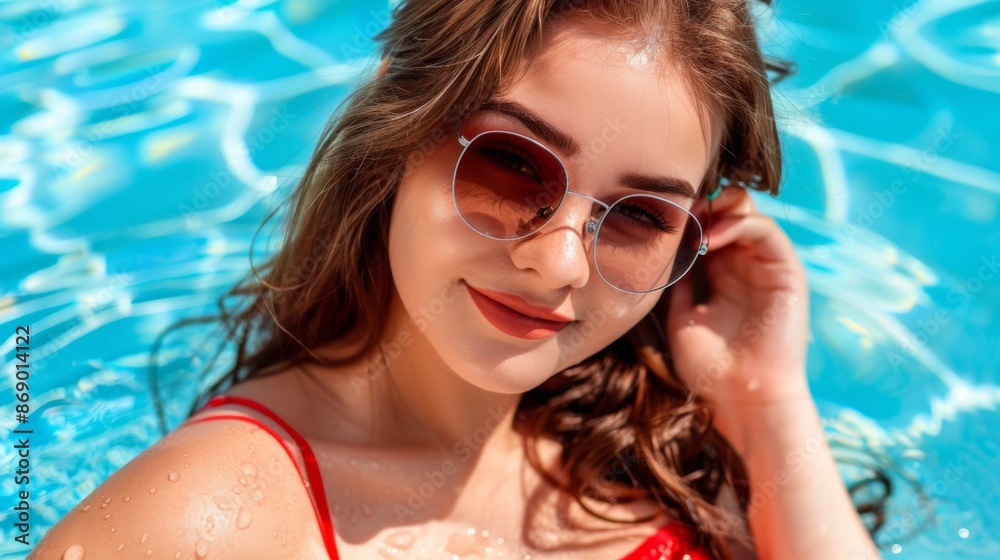 Smiling young woman enjoying summer by the pool Smiling young woman enjoying summer by the pool