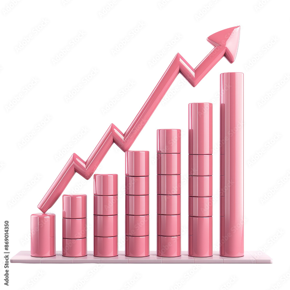 Pink bar graph with an upward trend and cylindrical bars and base on transparent background clipart Pink bar graph with an upward trend and cylindrical bars and base on transparent background clipart