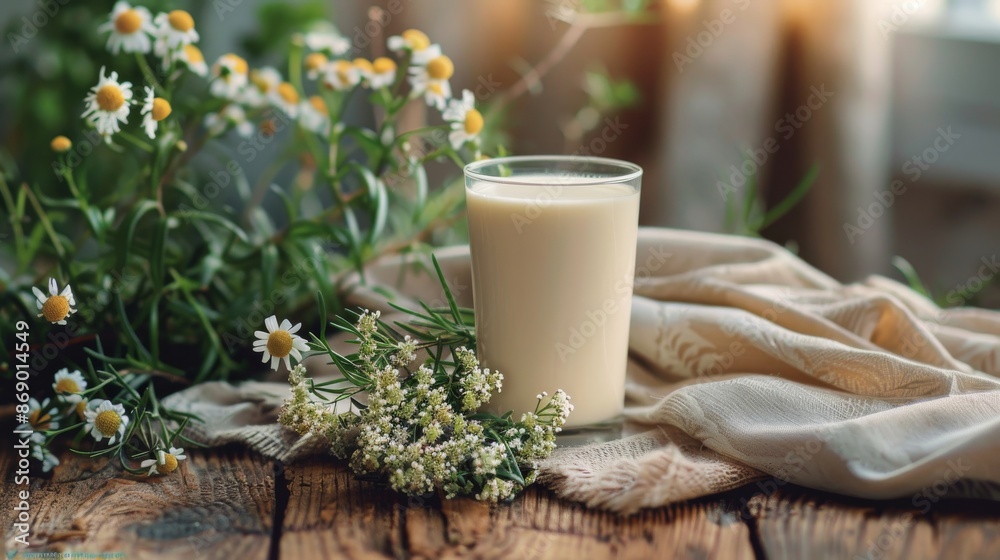 Glass of Milk With White Flowers and Greenery on a Wooden Table Glass of Milk With White Flowers and Greenery on a Wooden Table