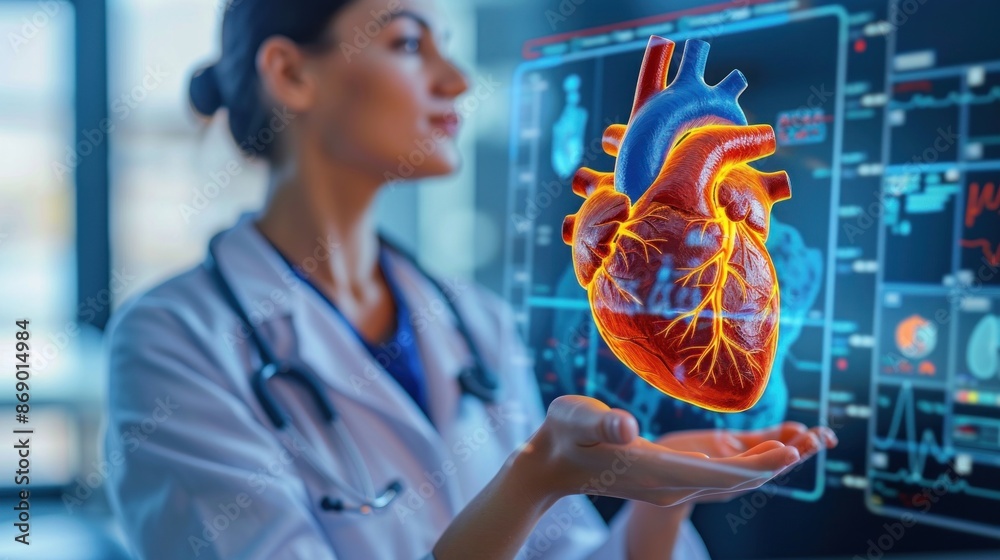 Fototapeta premium Female doctor of Middle-Eastern descent analyzing a 3D digital model of a human heart in a high-tech medical office.