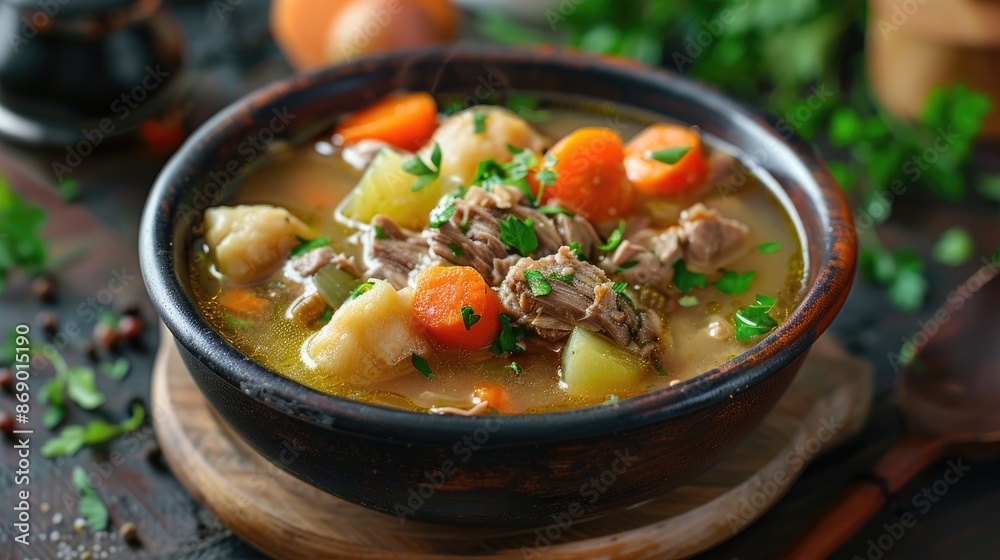 Goose soup served with dumplings and vegetables Goose soup served with dumplings and vegetables