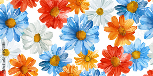 Floral seamless pattern with colorful daisies on a white background. Vector illustration of retro groovy flowers in the flat style. Colorful flower cartoon