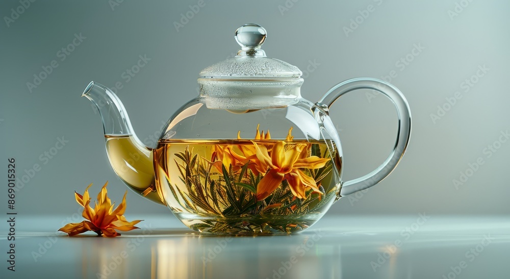 Glass Teapot With Blooming Flower Tea on a White Surface Glass Teapot With Blooming Flower Tea on a White Surface