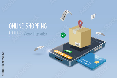 Online shopping, delivery with credit card payment. Shipment box on smartphone paid by credit card on mobile shopping app. E commerce marketing, online store and financial technology. 3D vector.