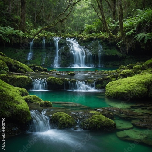 A serene waterfall cascading down moss-covered rocks into a serene, emerald-green pool.

