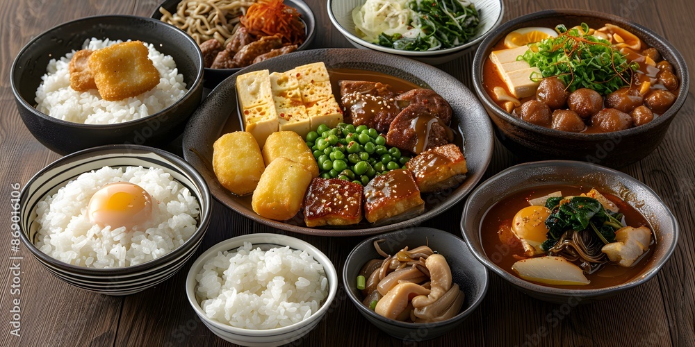 A delicious Japanese meal with a variety of dishes A delicious Japanese meal with a variety of dishes