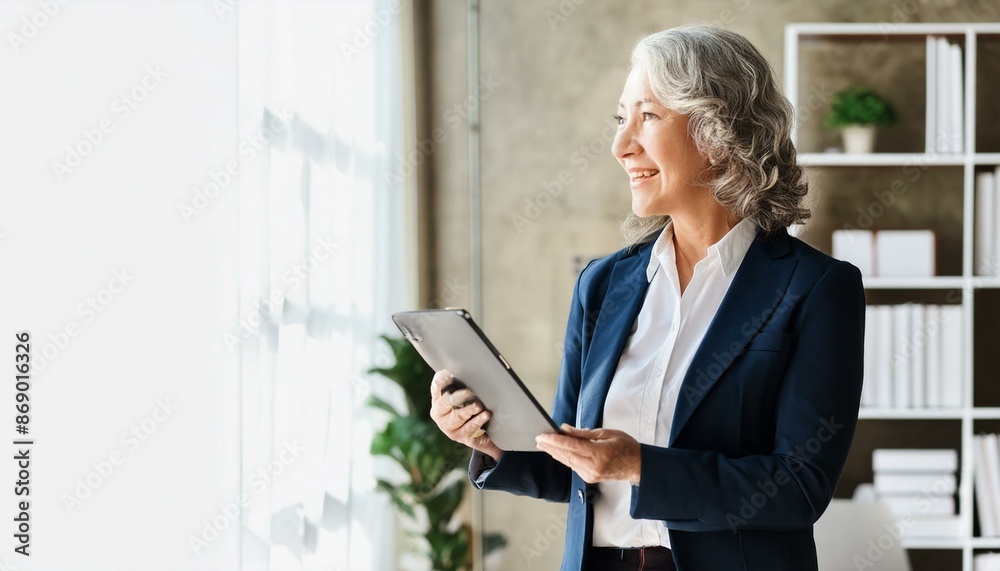 Smiling mature professional business woman bank manager, older happy female executive or lady entrepreneur holding digital tablet pad standing in office at work, looking away at copy Smiling mature professional business woman bank manager, older happy female executive or lady entrepreneur holding digital tablet pad standing in office at work, looking away at copy