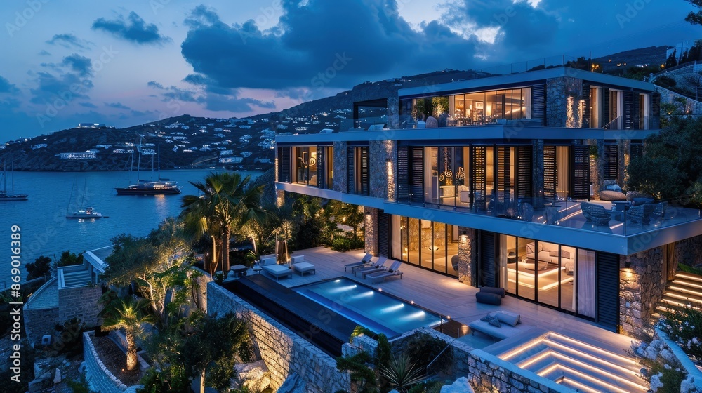 Fototapeta premium Luxurious Oceanfront Villa Nestled in Tropical Landscape with Breathtaking Sunset Views