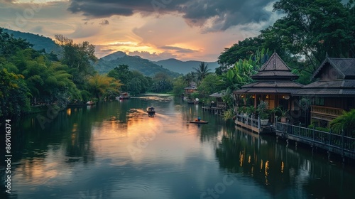 Serene Lakeside Retreat with Pavilion and Boats at Sunset in Tropical Paradise