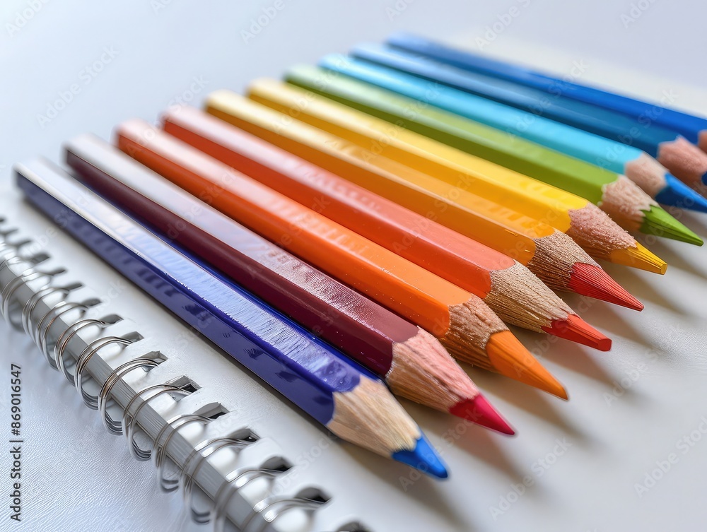 Fototapeta premium Detailed view of a spiral-bound sketchbook with a few colored pencils, on a white background