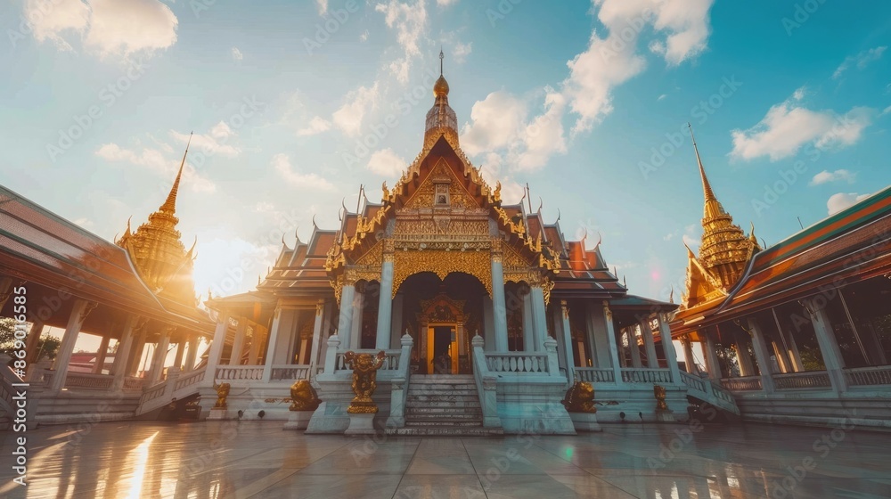 Fototapeta premium Majestic Asian Temple with Ornate Architecture and Gilded Spires at Sunset