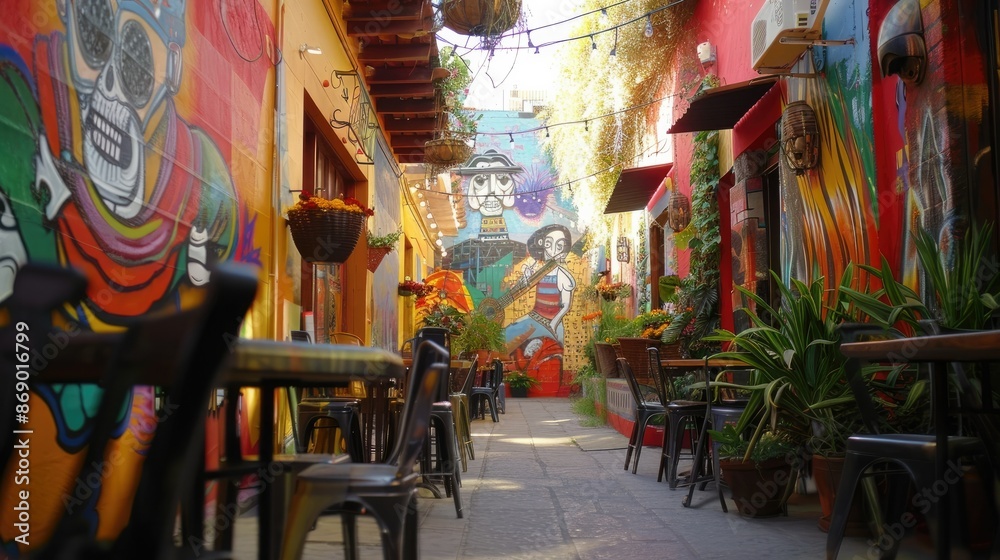 Obraz premium Vibrant Mexican Street Cuisine and Lively Mariachi Music Experience in Bustling City Alleyway