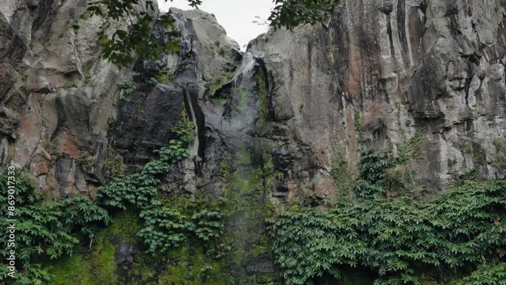 Rocky cliff face adorned with lush green foliage and a gentle stream of water cascading down. Located in Portugal, showcasing the beauty of nature. water flowing from mountain at summer day Rocky cliff face adorned with lush green foliage and a gentle stream of water cascading down. Located in Portugal, showcasing the beauty of nature. water flowing from mountain at summer day