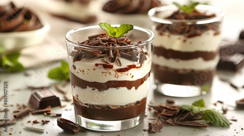 A luxurious dessert made with yogurt, layered with rich chocolate sauce, and garnished with chocolate shavings and fresh mint leaves