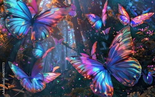 Kaleidoscopic Swarm of Iridescent Butterflies in Enchanted Forest Digital