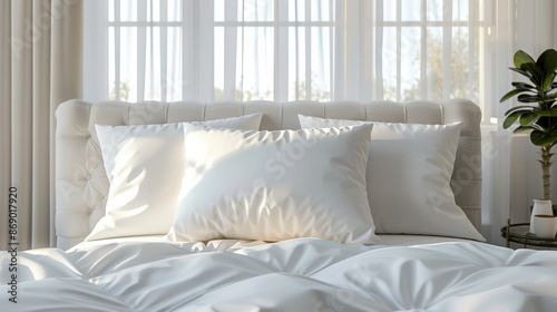 several white pillows on a white bed © chang