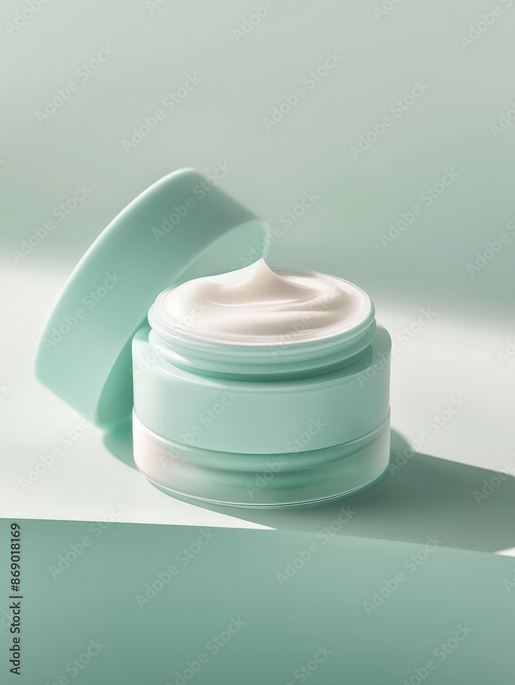 Elegant cosmetic cream in a mint-green jar with open lid. Perfect for skincare, beauty products, and self-care applications. Elegant cosmetic cream in a mint-green jar with open lid. Perfect for skincare, beauty products, and self-care applications.