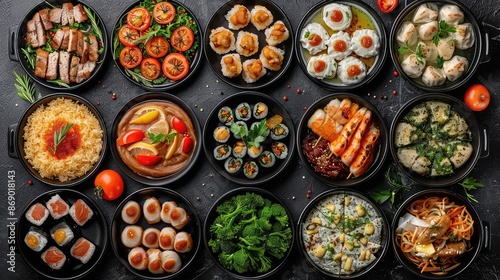 Set of various delicious foods in black dishes, top view, including appetizers, main courses, and desserts, isolated on a transparent background