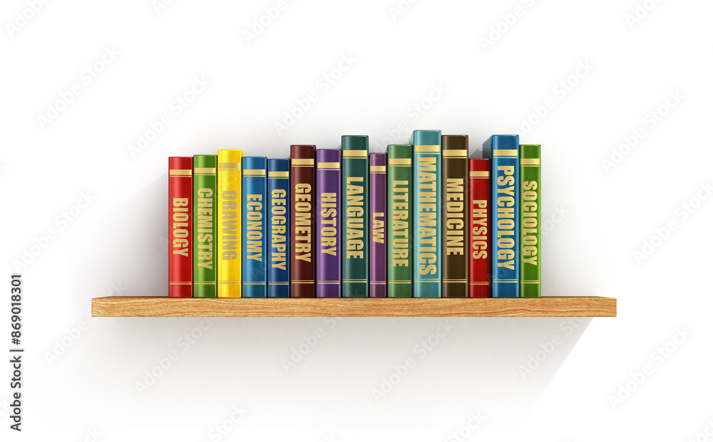 Naklejka premium Colorful books on the wood shelf.