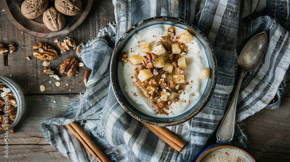 A rustic scene with a bowl of yogurt topped with homemade apple compote, cinnamon sticks, and a sprinkle of walnuts A rustic scene with a bowl of yogurt topped with homemade apple compote, cinnamon sticks, and a sprinkle of walnuts
