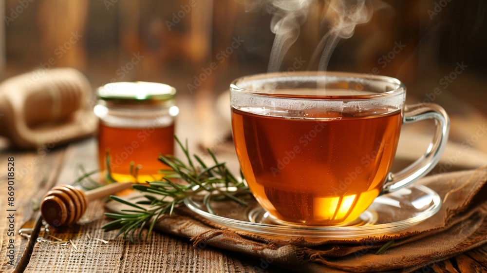 A rustic table with a steaming cup of rooibos tea, a small jar of honey, and a sprig of fresh rosemary for garnish A rustic table with a steaming cup of rooibos tea, a small jar of honey, and a sprig of fresh rosemary for garnish