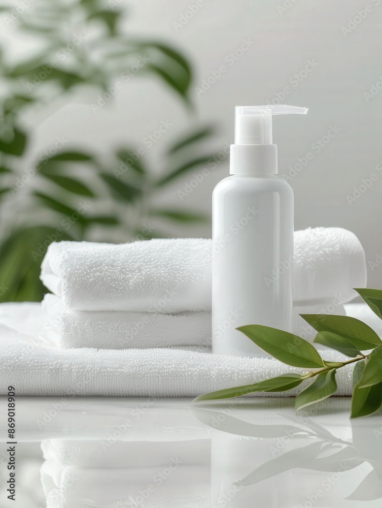 White lotion bottle with green leaves and folded towels on reflective surface, evoking freshness and spa-like tranquility. White lotion bottle with green leaves and folded towels on reflective surface, evoking freshness and spa-like tranquility.