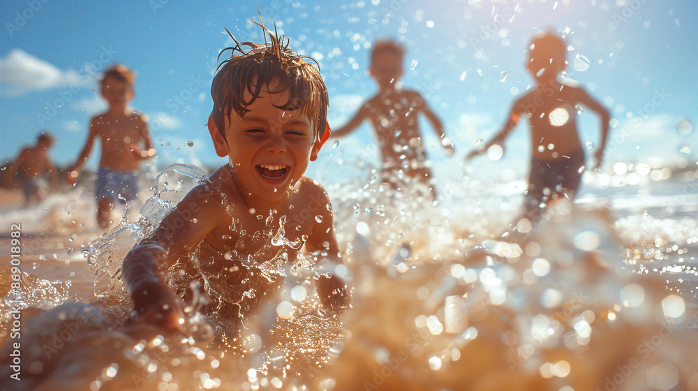 Kids splashing water at each other, beach fun and laughter, sunny day, photo realistic Kids splashing water at each other, beach fun and laughter, sunny day, photo realistic