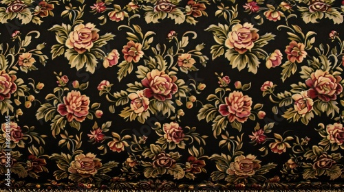 A black floral print with red and yellow flowers