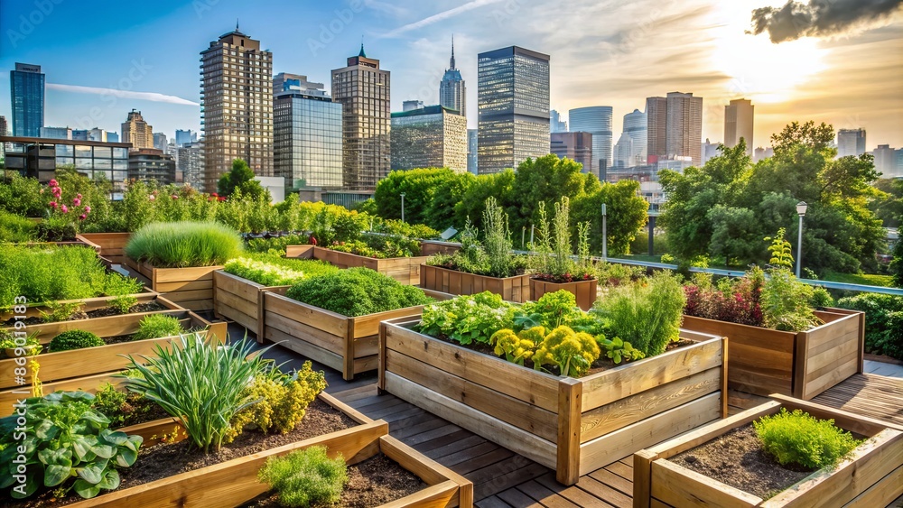 Fototapeta premium Serene urban garden oasis features wooden raised beds overflowing with lush green vegetables, herbs, and spices amidst modern city backdrop.