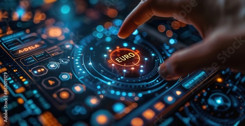 A finger interacts with a high-tech digital interface, highlighting the EURO currency symbol amidst financial icons.