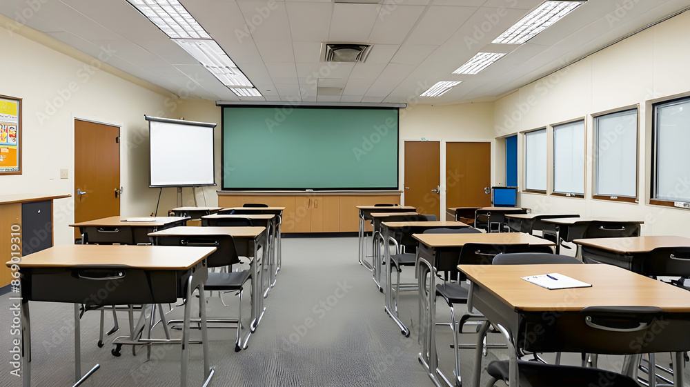 Classroom with Rows of Desks and Chairs, Featuring a Projector Screen at the Front: Ideal for Depicting Educational or Training Settings Classroom with Rows of Desks and Chairs, Featuring a Projector Screen at the Front: Ideal for Depicting Educational or Training Settings