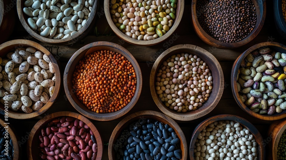 Vibrant Heirloom Beans Harvest Displayed in Rustic Wooden Bowls with Natural Lighting Vibrant Heirloom Beans Harvest Displayed in Rustic Wooden Bowls with Natural Lighting