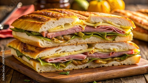 Vibrant close-up of mouthwatering Cuban sandwich with layers of tender pork shoulder, ham, Swiss cheese, and tangy pickles on crispy bread. photo