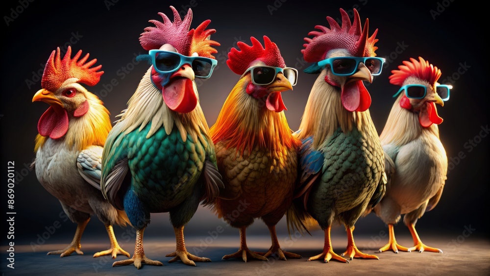 Fototapeta premium Vibrant 3D rendering of stylish roosters and chickens donning trendy sunglasses, posing coolly against a sleek black background, exuding fun.