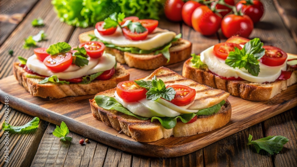Golden-brown toasted bread slices topped with melted mozzarella cheese, fresh lettuce leaves, and sliced juicy tomatoes, arranged on a wooden table. Golden-brown toasted bread slices topped with melted mozzarella cheese, fresh lettuce leaves, and sliced juicy tomatoes, arranged on a wooden table.