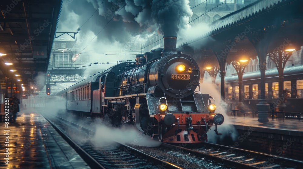 Naklejka premium Retro steam train departs from the station.
