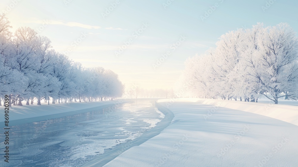 Serene Winter River Scene with Snow-Covered Trees and Soft Sunlight Serene Winter River Scene with Snow-Covered Trees and Soft Sunlight