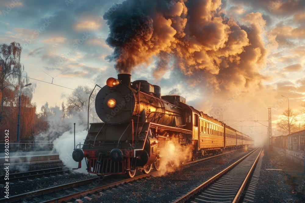 Naklejka premium Retro steam train departs from the station.