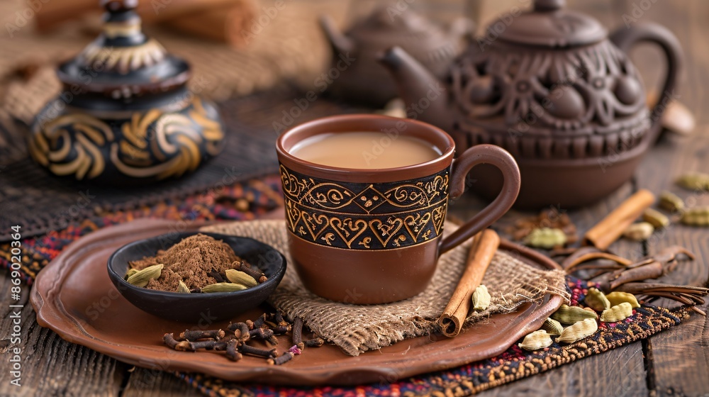 Fototapeta premium An exotic tea setting with a cup of masala chai, a small bowl of whole spices like cinnamon, cardamom, and cloves, and a traditional Indian tea pot