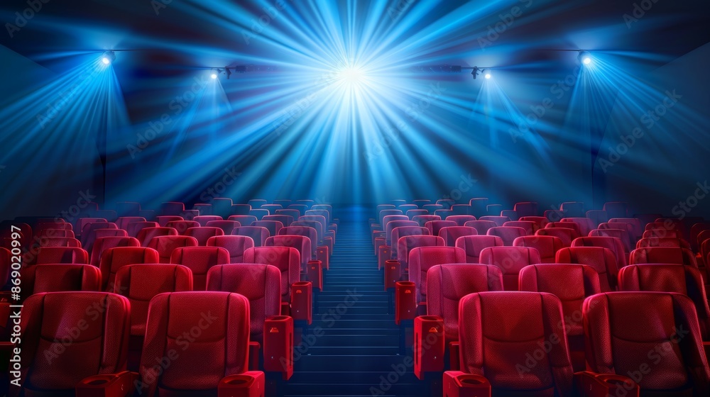 Fototapeta premium Illuminated empty cinema theater with blue stage lights