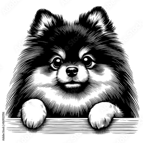 Hand drawn cute peeking Pomeranian, vector sketch isolated on transparent background.	