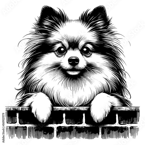 Hand drawn cute peeking Pomeranian, vector sketch isolated on transparent background.	
