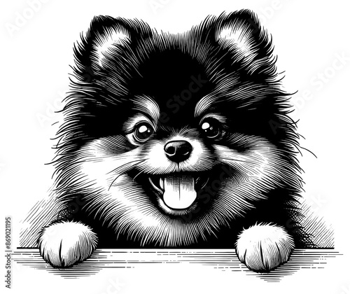 Hand drawn cute peeking Pomeranian, vector sketch isolated on transparent background.	