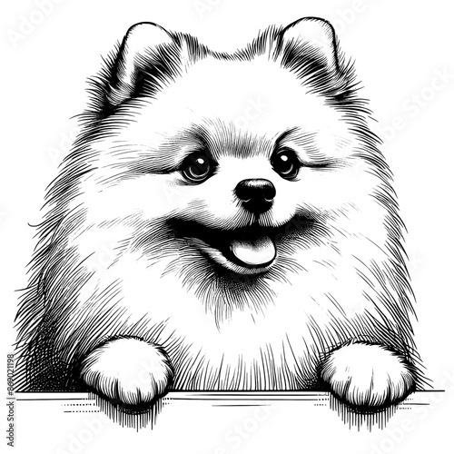 Hand drawn cute peeking Pomeranian, vector sketch isolated on transparent background.	