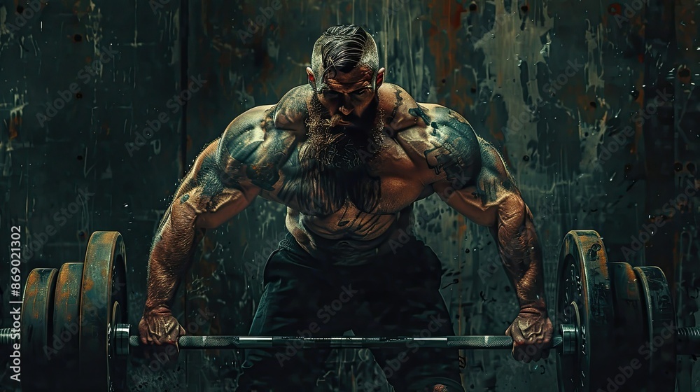 Fototapeta premium Powerlifter Deadlifting Impressive Weight with Intense Facial Expression and Moody Lighting