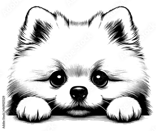 Hand drawn cute peeking Pomeranian, vector sketch isolated on transparent background.	