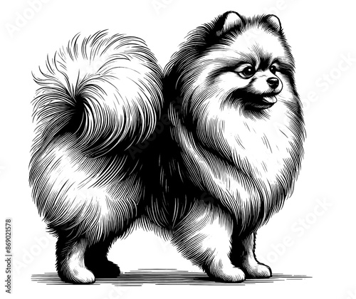 Hand drawn Cute Pomeranian dog in full-body, vector sketch isolated on white background.	