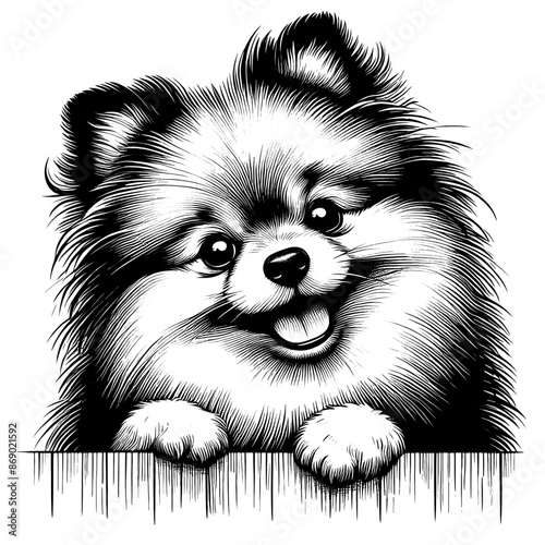 Hand drawn cute peeking Pomeranian, vector sketch isolated on transparent background.	