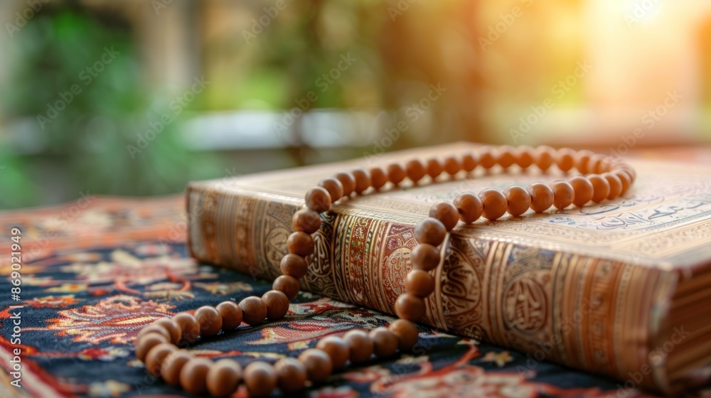 Fototapeta premium A brown necklace is laying on top of a book. The necklace is made of beads and is placed on a rug. The book is open and has a religious text on it. Concept of spirituality and reverence