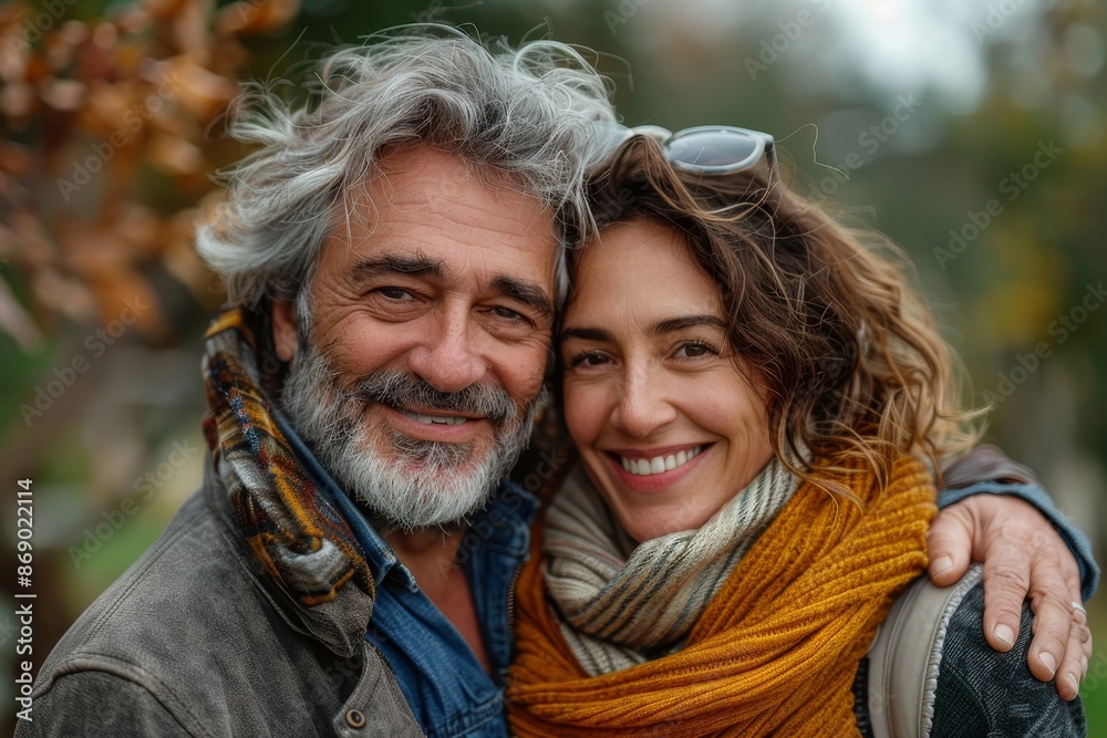 Fototapeta premium woman man couple happy together hug bonding mature mid middle age aged park outdoor talking leisure fun smiling love old nature wife happiness lifestyle people adult caucasian husband, Generative AI